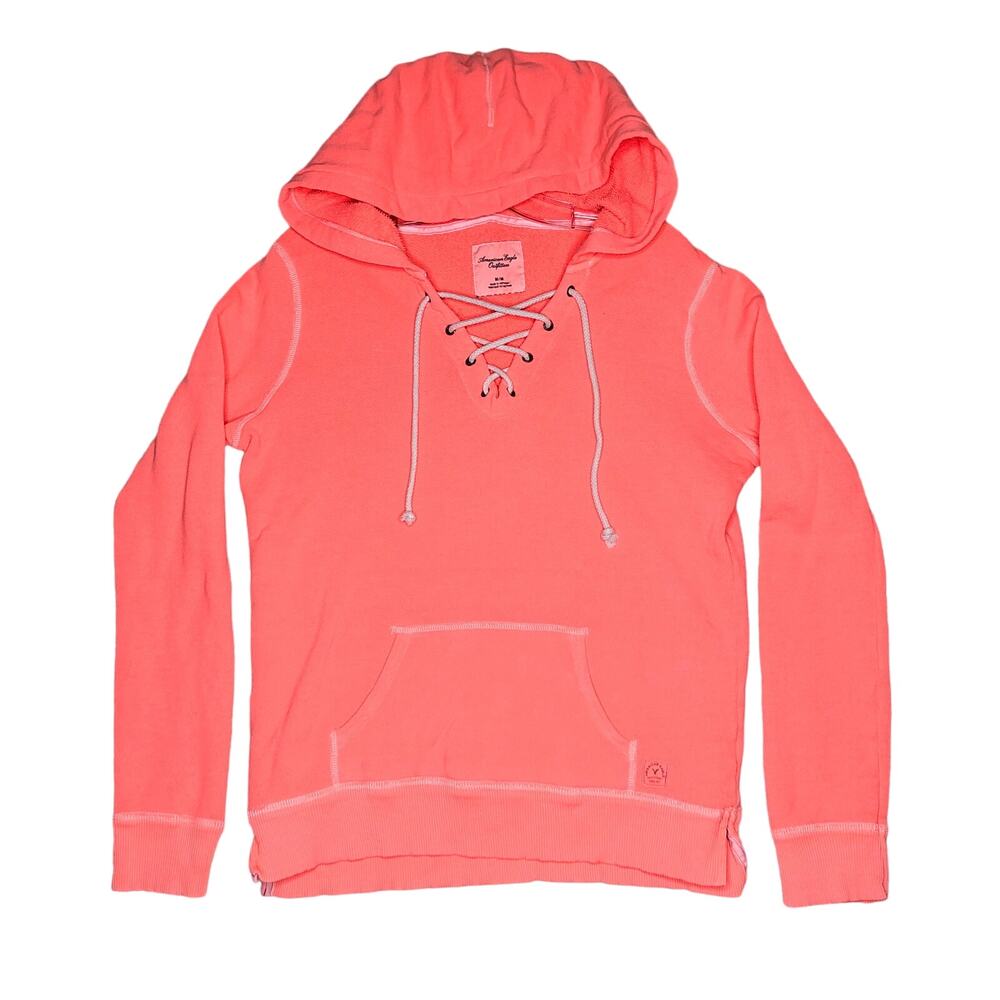 American Eagle Womens Hoodie Medium Lace Up V Neck Faded Neon Orange
